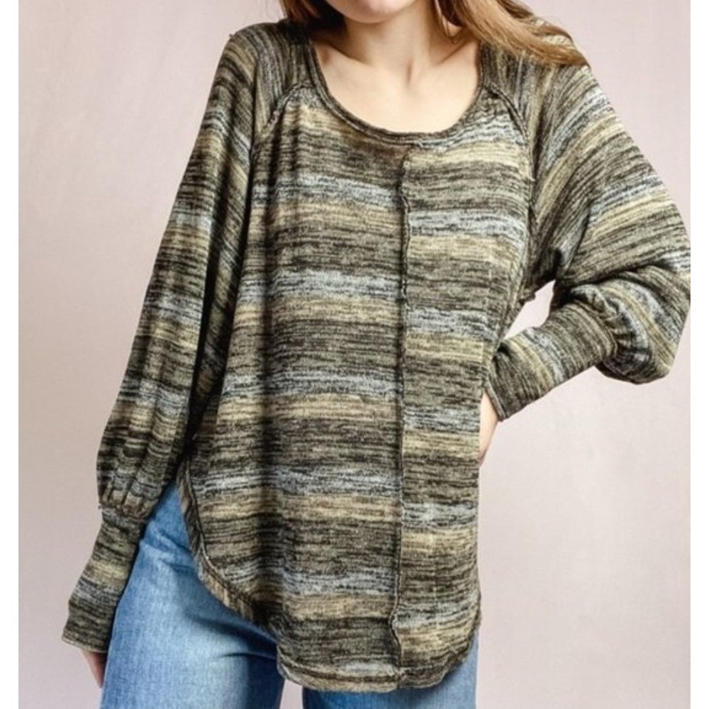 Free People Carolina Hacci Sweater Women Medium Gray Striped Oversized Tunic‎